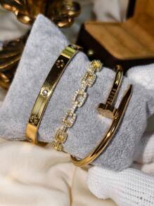 4pcs Luxury Stainless Steel Rhinestone Clover & Star Bangle Bracelet Set, Vintage Elegant Jewelry Suit For Women, Suitable For Daily Wear, Gift, Party, Fashionable Christmas Present - Gold - View 13