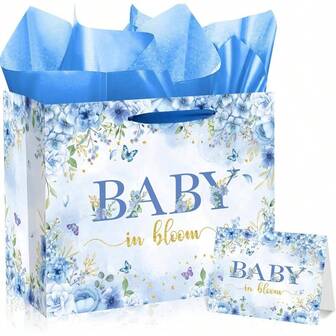 Bloom Gift Bag Blue Floral Shower Bag Boys With Tissue Paper Card Gender Reveal Favor Bag Boho Girl 1st Birthday Decorations Party Supplies