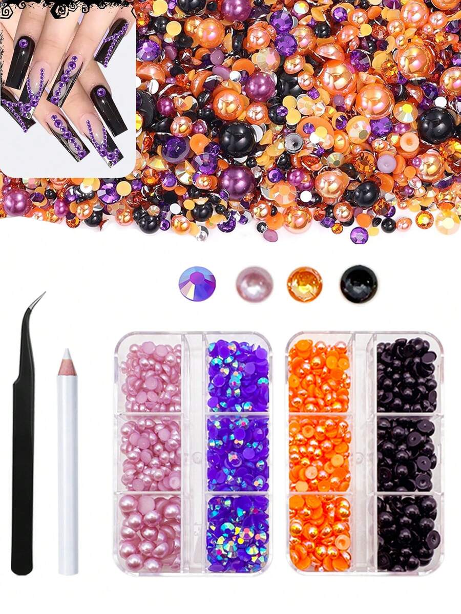 2 Boxes Mixed Pearls And Rhinestones For Nail Art, Crafts, Orange Purple Black Halloween Flat Back Pearls For Nails, With Tweezers And Wax Pencil, Embedded With Sparkling Gemstones For DIY Face, Eyes, Cosmetics, Roller, Bottle Making - Orange - View 1