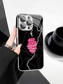 1 件时尚简约心形链条图案钢化玻璃材质内置镜头膜电镀防摔防刮防指纹TPU全边软手机壳适用于苹果机型 - 彩色 - 查看 1