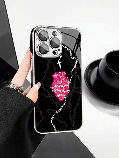 1 件时尚简约心形链条图案钢化玻璃材质内置镜头膜电镀防摔防刮防指纹TPU全边软手机壳适用于苹果机型