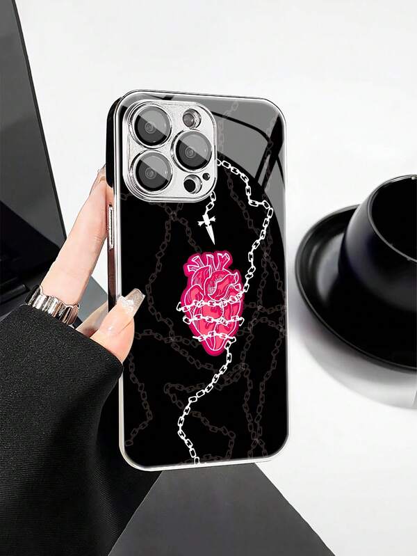 1 件时尚简约心形链条图案钢化玻璃材质内置镜头膜电镀防摔防刮防指纹TPU全边软手机壳适用于苹果机型