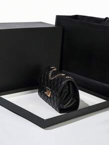 Metal Clasp Square Quilted Chain Flap Handbag - Black - View 5