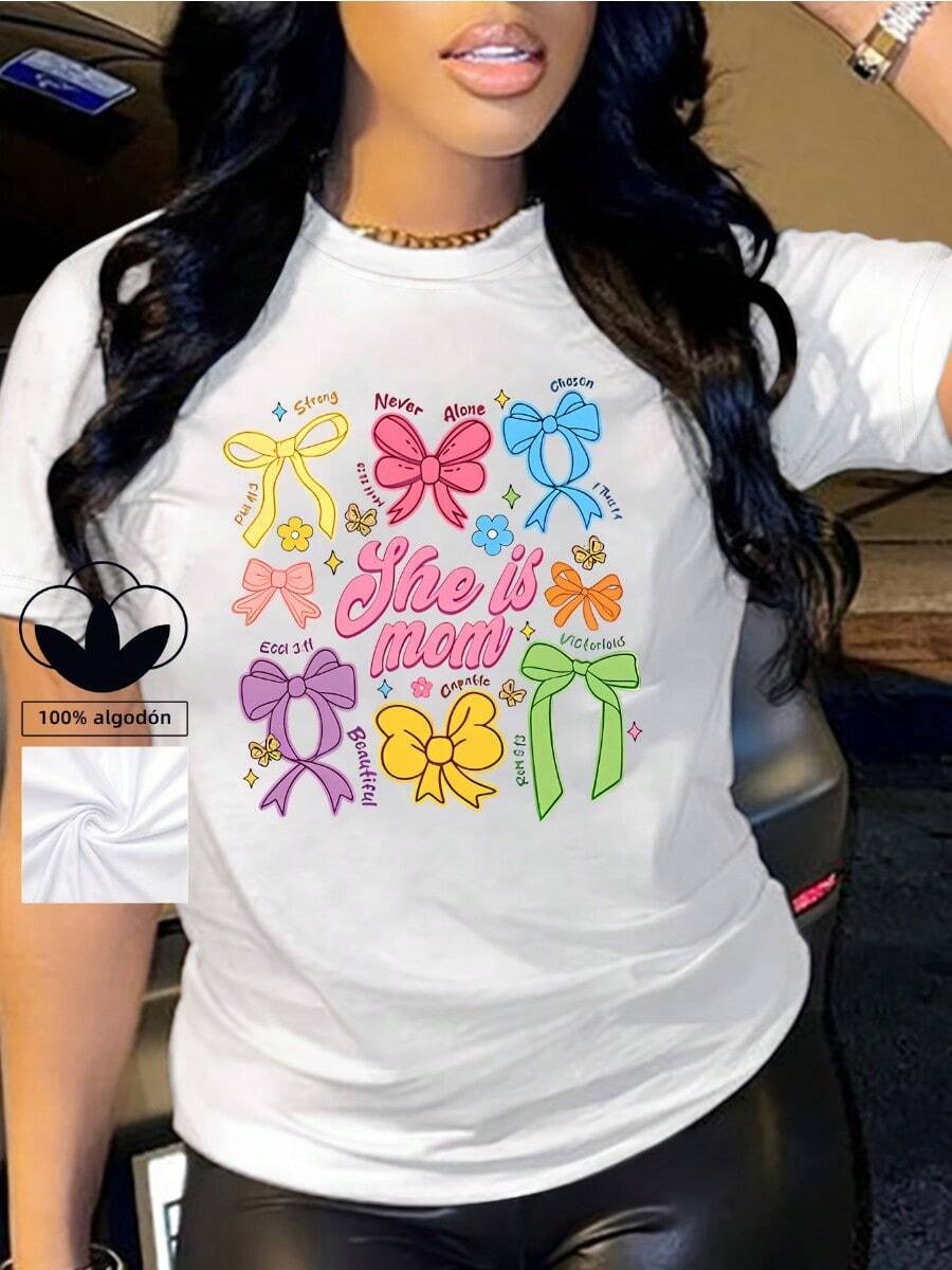 Camiseta informal estampada para mujer - 100 % algodón suave, estampado moderno, corte holgado: perfecta para cualquier look informal de diario. - Blanco - Ver 1