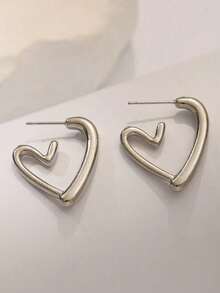 1 Pair Heart Shaped Hoop Earrings, High-End Earring Jewelry Gift For Valentine's Day, Women Everyday Wear - 銀色 - 查看 3
