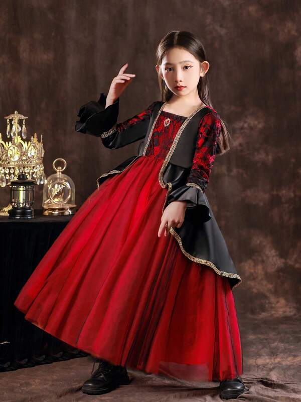 Girls' Halloween Black Dress Long Skirt, Witch Party Tulle Dress