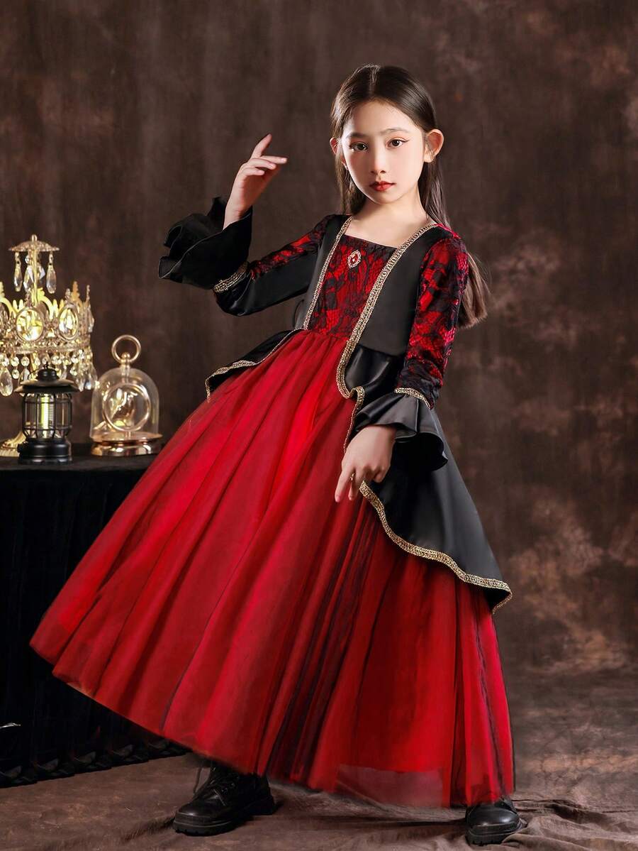 Girls' Halloween Black Dress Long Skirt, Witch Party Tulle Dress - Red - View 1