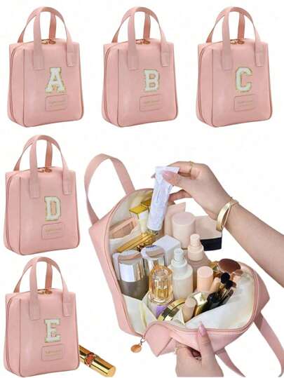 Large Capacity Travel Makeup Bag Portable PU Leather Waterproof Storage Toiletry Bagwith Letter Cosmetic Storage Bag With Divider And Handle Bathroom Organization And Storage Travel Essentials Cruise Essentials Travel Accessories Bathroom Storage Jewelry Storage Lip Polish Storage Nail Polish Storage Easter Gift Bridesmaid Gift, Mother's Day Gift