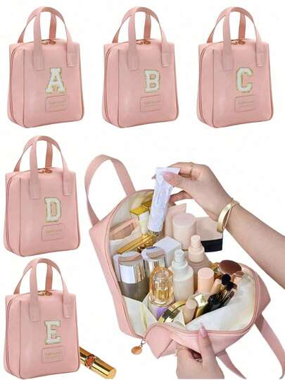 1pc Travel Beauty Bag, Pu Leather Waterproof Storage Bag, Portable Hand-Held Cosmetics Storage Bag, DIY Letters, Multi-Compartment Washbasin Storage Bag, Christmas Gift, Travel Essentials Storage, Cruise Essentials Storage, Travel Accessories, Bathroom Storage, Jewelry Storage, Lipstick Storage, Nail Polish Storage, Easter Gift, Bridesmaid Gift, Mother's Day Gift ,Room Decor