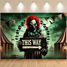1 件恐怖马戏团小丑背景横幅 - 带有“这边走”徽标、红白条纹帐篷、蝙蝠和骷髅设计，适用于派对、万圣节和户外装饰、节日礼物、车尾派对、多功能装饰 - 彩色 - 查看 1