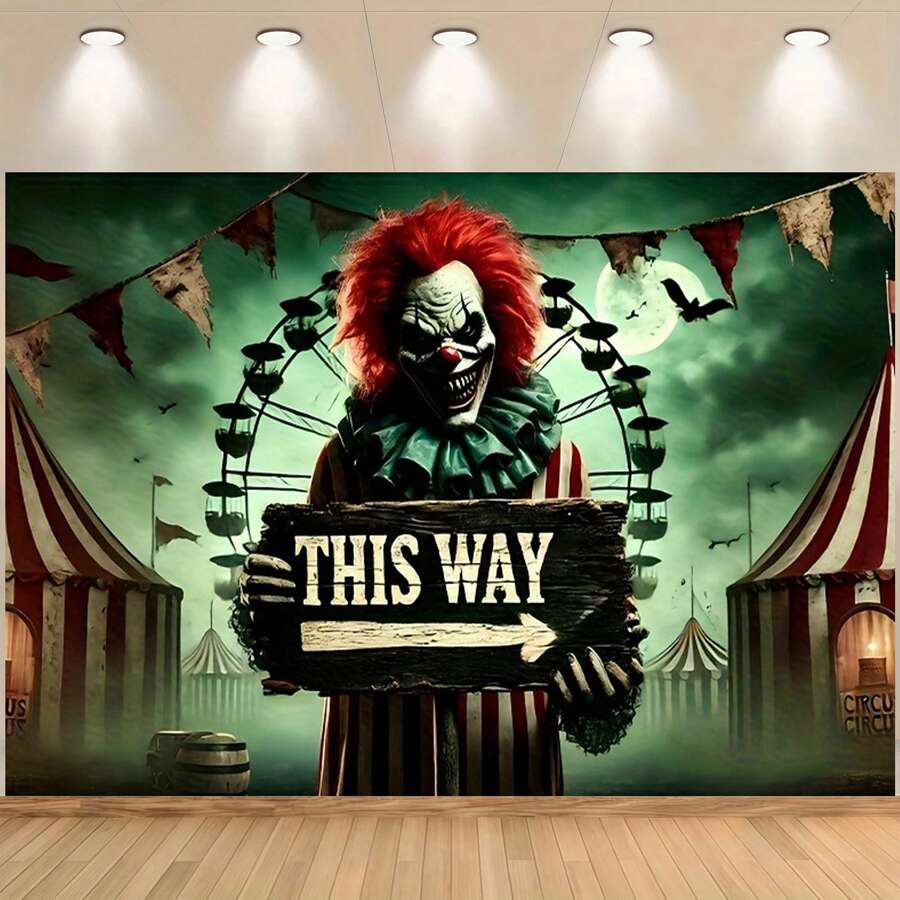 1 件恐怖马戏团小丑背景横幅 - 带有“这边走”徽标、红白条纹帐篷、蝙蝠和骷髅设计,适用于派对、万圣节和户外装饰、节日礼物、车尾派对、多功能装饰 - 彩色 - 查看 1