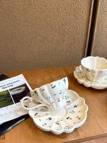 1 Set Taza y platillo de cerámica con flores silvestres románticas de primavera, Taza y platillo de café con flores frescas de verano, Taza de arte de latte ondulado, Plato de postre lindo, Plato para dulces, Ideal para reuniones al aire libre, picnics, decoración de cafés