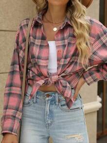 大码女式格子口袋前开襟休闲长袖衬衫式上衣，粉色，春季款 - 粉色 - 查看 3