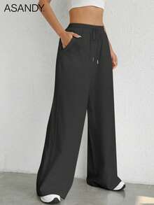 2pcs/Set Casual Loose Straight Leg Pants, Drawstring Waist Wide Leg Trousers, Solid Color Summer - Khaki+Black - View 4