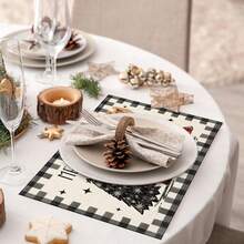1pc/4pcs Christmas Theme Placemats, Black & White Buffalo Plaid Christmas Tree Placemat Set, Minimalist Faux Linen Rectangular Heat-Resistant Tableware Mat, Suitable For Holiday Gatherings And Parties, Seasonal Christmas Party Kitchen & Dining Decor, 12*18 Inches - Black and White - View 7