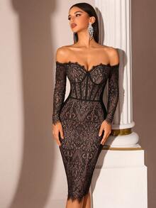 Women's Elegant Lace Sweetheart Neck Off Shoulder Long Sleeve Backless Bandage Cocktail Party Dress