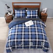 King Comforter Set, Classic Red Black Plaid-Piece Bedding Set, Farmhouse Lightweight All-Season Bed In A Bag With Sheets, Pillowcases & Shams, Home Decor - Xanh chàm - Xem 3