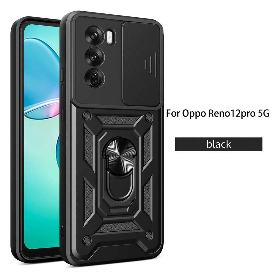 Funda para teléfono OPPO RENO 12 PRO con soporte, anillo de sujeción y cubierta deslizante para la cámara - Negro - Ver 1