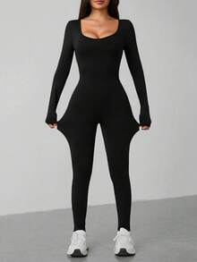 Mameluco Mujer Primavera Cuello Redondo Clásico Color Sólido Elegante Estilo Minimalista Ideal para Oficina o Salidas - Negro - Ver 2