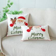 1 buc. Husă de pernă brodată cu Moș Crăciun și reni, pernă decorativă în stil Ins pentru canapea în sufragerie, decor de Crăciun roșu și alb