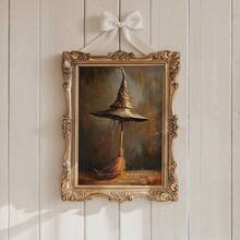 1pc, Canvas Wall Art, Framed Art Decor, Hangable, Wall Art, Poster, Witch's Hat, Horror Season Wall Art Decor, Halloween Poster, Witch's Hat And Broom, Gifts For Witch Lovers, Autumn Decor, Halloween Decor, Halloween Decor Aesthetics, Room Decor, Dorm Room Decor, Bedroom Decor Home Decor Fall Decor