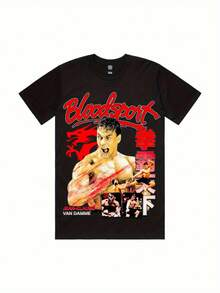 Men's Vintage Action Movie Graphic T-Shirt - Bloodsport Martial Arts Design Tee With Van Damme, Black & Red Retro Fighting Shirt For Gym, Cosplay, Casual Wear - Machine Washable Regular Fit Adult Top, Streetwear Fashion, Bold Print, Highquality Print, Statement Apparel, Fitness Enthusiasts - 黑色 - 查看 2
