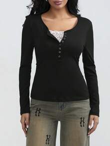 Women Teen Girls Clothes Lace Stitching V-Neck Fairy Crop Tops Y2K Long Sleeve Tight Shirt Spring Fall Downtown Girl Coquette Clothing Tops For Girls - 黑色 - 查看 4