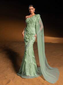 GIFORU 奢华薰衣草色单肩晚礼服 - 优雅花卉水晶串珠雪纺披肩，适合红毯盛典、白色礼服、新年优雅派对、高贵长款毕业礼服、闪亮礼服等场合。 - 草綠色 - 查看 8