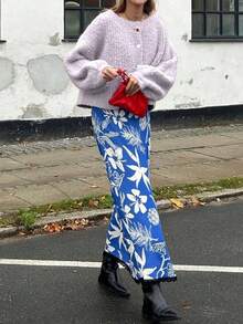 Vivid Style 女士柔软舒适休闲装复古慵懒风纯色喇叭袖针织开衫搭配宽松纹理毛衣 - 紫色 - 查看 6