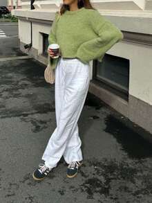 Vivid Style Women's Short Sweater, Loose Cuffs, Crew Neck Pullover, Casual & Versatile, Soft & Comfortable, Wool-Like Texture, Retro Street Style Knit Sweater Top, Suitable For Christmas, Christmas Sweater, New Year Fashion