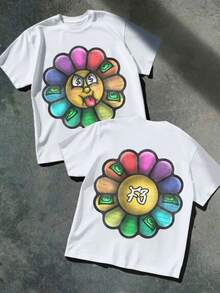 1 PCS Rainbow - Petaled Flower With Dollar Bills Nested In Petals. Front: A Mischievous Face With $ - Shaped Eyes And A Tongue Out; Back: A Stylized Symbol. It Dissects Street Culture's Playful Critique Of Materialism, Merging Sweet Aesthetics With Greed - Driven Motifs Via Gritty Textures, Spring/Summer/Fall Men Clothes, Regular Fit Shirt, Christmas & Halloween & Thanksgiving Day & Valentine's Day & Pride & Father's Day & Easter & Mother's Day & New Year & Spring Festival, Men's Round Neck Printed Short Sleeve Casual Everyday T-Shirt, They Are Excellent Gifts For Friends And Family, 100% Cotton T-Shirts Feature, A Youthful And Fashionable Design, Graphic Tees Men, Graphic Tees Women, Cachorro Feliz, Back To School - trắng - Xem 2