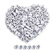 200/600Pcs 6mm Square/7mm Flat Round Acrylic Beads Cross Pattern Beads Loose Spacer Beads For Jewelry Making DIY Bracelets Accessories - Chữ đen trên nền trắng/Oblate - Xem 4