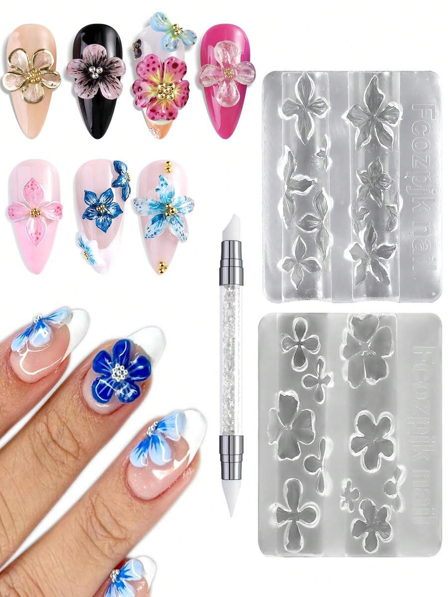 3件套3D亚克力花朵迷你硅胶美甲模具，浮雕花卉美甲饰品雕刻模板，凝胶指甲油模板，DIY美甲工具，2个硅胶模具+1支雕刻笔 - 無色 - 查看 1