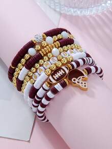 比赛日手链 女士足球手链 红黑蓝 聚合物粘土串珠弹力手链 可叠戴 运动足球手链 手镯 足球妈妈配饰 服装 珠宝礼品