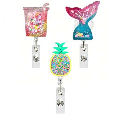 1pc Quicksand Mermaid Tail Pineapple Retractable Rotatable Badge Reel, Doctor/Nurse Gift ID Card Holder