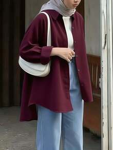 女士基本款纯色衬衫，缺口翻领长袖衬衫，正面带纽扣，百搭办公室和家居上衣，适合秋冬春季 - 酒紅色 - 查看 2