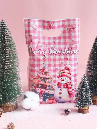 20/50/5000 Stücke 6,5 x 10 Zoll große rosa Schneemann-Weihnachtsgeschenktüten, karierter Hintergrund mit Weihnachtsbaum, Geschenkverpackungstüten, Aufbewahrung kleiner Accessoires, geeignet für Weihnachtsfeiergeschenke