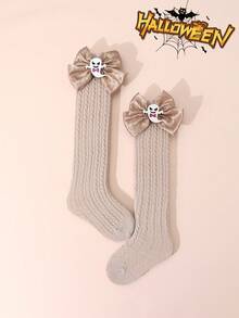 1 双女孩简约万圣节趣味卡通装饰踝袜，闪亮蝴蝶结点缀纯色罗纹及膝袜，四季皆宜 - 彩色 - 查看 24