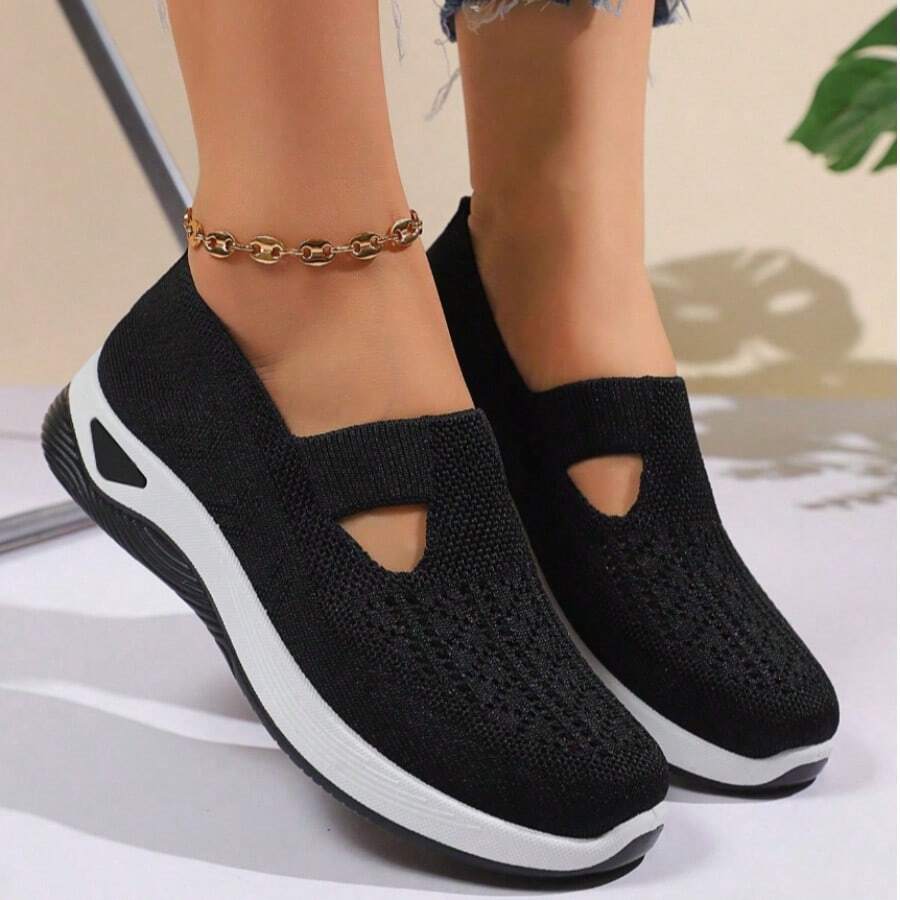 New Summer Women's Outdoor Leisure Slip-On Sneakers, All-Day Comfortable Cushioning Insole, Low-Top Casual Style, Elastic Design, Suitable For All Seasons, Simple Style, Flexible Shoe Shape, Daily Essential Items, Lightweight And Elegant Casual Shoes In A Variety Of Colors Suitable For All Seasons, Comfortable Round Toe Design - 黑色 - 查看 1