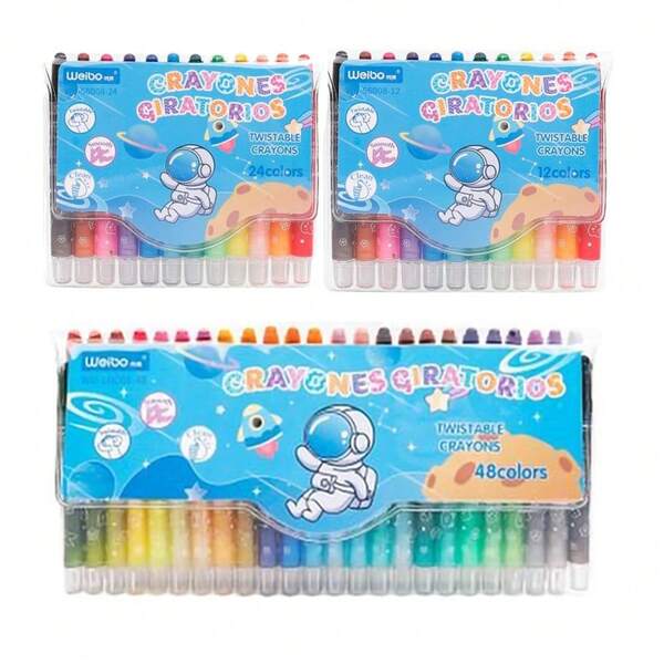 Giz de Cera Retrátil Compacto 12 / 24 / 36 / 48 Cores Vivas Infantil Material Escolar