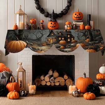 1 pièce/72 pièces Écharpe de cheminée d'Halloween avec lanterne citrouille, squelette et impression de château, en tissu de polyester, convient pour les décorations d'Halloween, les fournitures de fête, le chemin de table, le drapeau ou la couverture de foyer, parfait pour la décoration de la cheminée, de la porte, de la fenêtre du salon de la maison