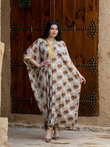 Elegant Long Arabic Style Dress With Gold Tassel Trim, V-Neck Batwing 3/4 Sleeve, Woven Fabric - Khaki - View 7