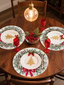 4Pcs Vintage Christmas Round Linen Placemats,Merry Christmas Dining Table Mats With Xmas Musical Symbols, Berry Green Leaf & Red Bow Wreath Design,Western Meal Table Pad,Christmas Party Decor,Christmas Decorations For Home,Xmas Decor,Kitchen Decor,Tabletop Decor,Holiday Party Supplies,Coffee Table Decor,Restaurant Supplies,Winter Decorations,New Year Party Supplies