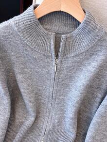 1 pieza Cárdigan de punto de unicolor con cremallera de doble vía, adecuado para vacaciones, uso diario, viajes, fiestas de cumpleaños, citas nocturnas, otoño/invierno