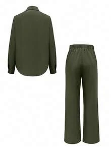 女士纯色休闲口袋前扣两件套，日常穿着，春秋季 - 軍綠色 - 查看 3