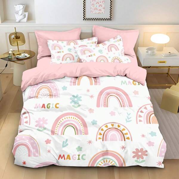 3pcs Set Cartoon Rainbow Printed Bedding Set - All Season Breathable Polyester Duvet Cover With Zipper Closure, Includes 1 Duvet Cover & 2 Pillowcases (No Filler Or Pillow Insert), Suitable For Home, Bedroom, Hotel, School