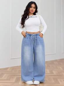 Plus Size High Waisted Drawstring Straight Leg Jeans Casual Outfit For Women Boyfriend Jeans Daily Long Pants