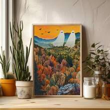 1 buc imprimare artistică cu fantome, decor de Halloween, fantome drăguțe pe câmp, Halloween vintage înfricoșător, poster vintage fără ramă pe pânză, fără ramă