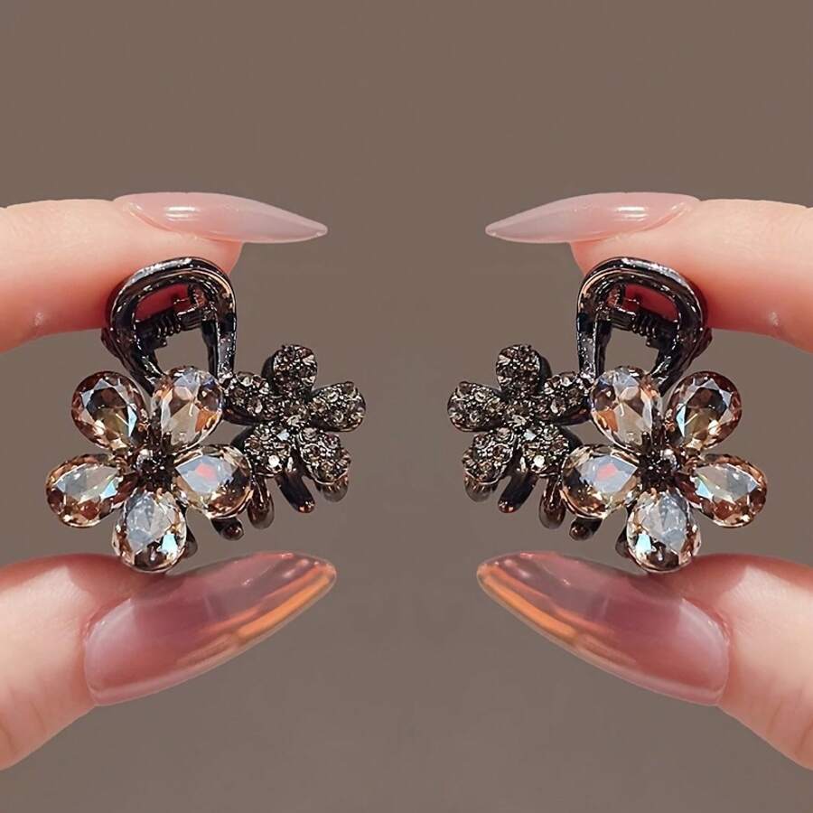 2 Elegant Flower Hair Clips - Small Alloy Shark Clips, Suitable For Tidying Up Loose Hair, Inlaid With Crystals, Ideal For Women Aged 14 And Above - 2個 - 查看 1