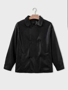 Oversized Basic Faux Leather Jacket, Long Sleeve, Double-Breasted Design, High-End, Autumn/Winter - Black - View 6